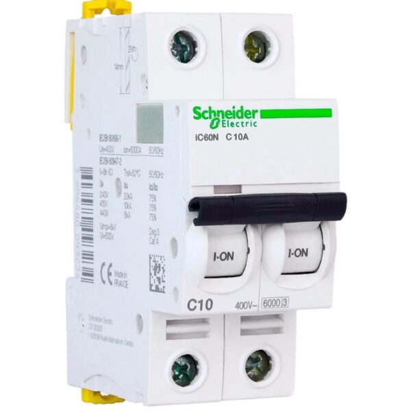 Disjoncteur modulaire 2 pôles 10A courbe C Schneider iC60N tunisie électricité électronique Megrine consommable accessoires appareillage Somef rallonge Schneider Electric