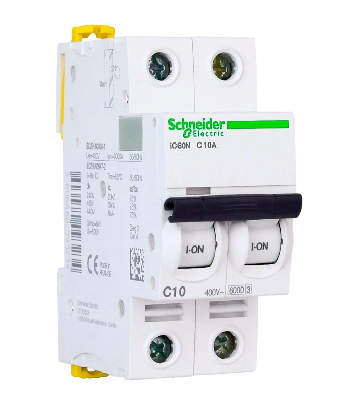 Disjoncteur modulaire 2 pôles 10A courbe C Schneider iC60N tunisie électricité électronique Megrine consommable accessoires appareillage Somef rallonge Schneider Electric